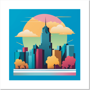 t-shirt design, colorful city skyline with buildings and clouds, vector art Posters and Art